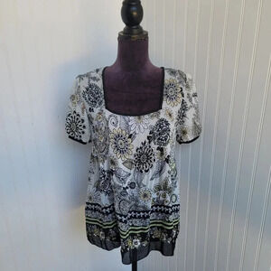 NIKOLA Yellow White Black STRETCHY CRINKLE Short SLEEVELESS Floral TOP Blouse S